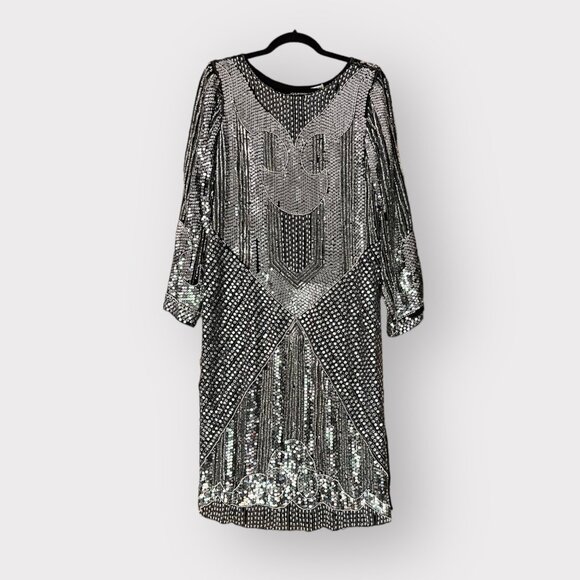 Vintage Sho Max Size S Silver Sequin Beaded Silk Long Sleeve Midi Disco Dress - Picture 2 of 12